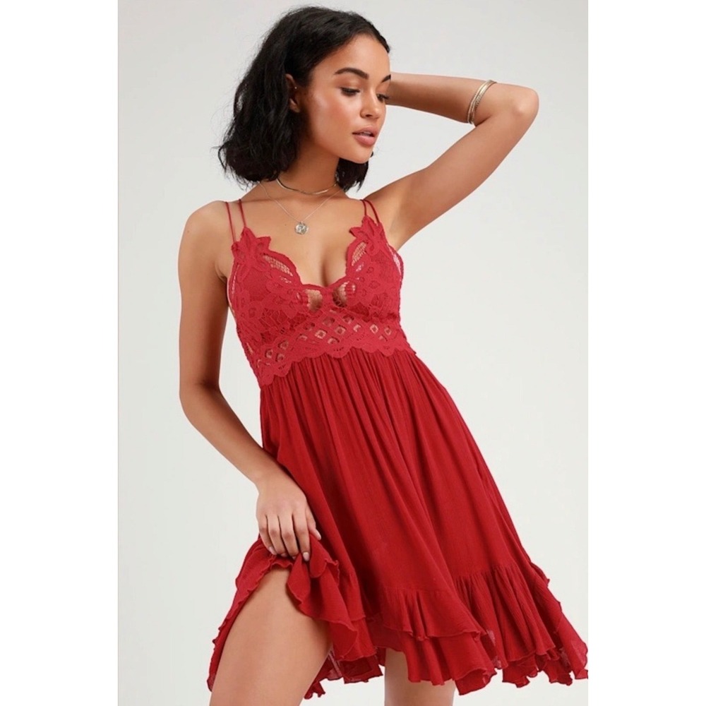 Free People Adella Mini Dress Red Lace Boho Smocked Back XS